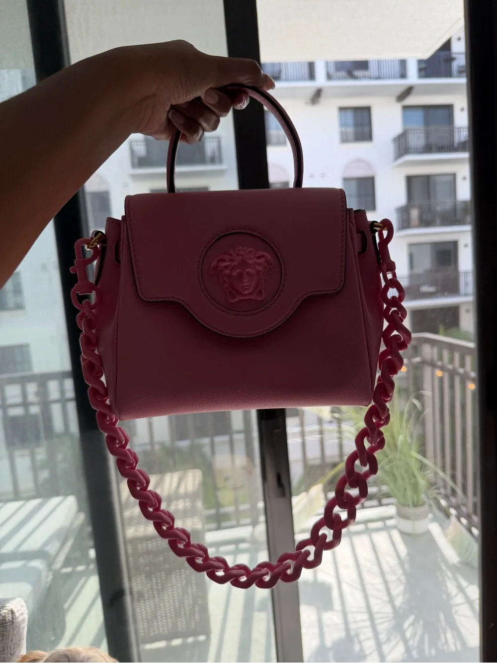 Versace Pink Leather Top-Handle Satchel with Chain Strap